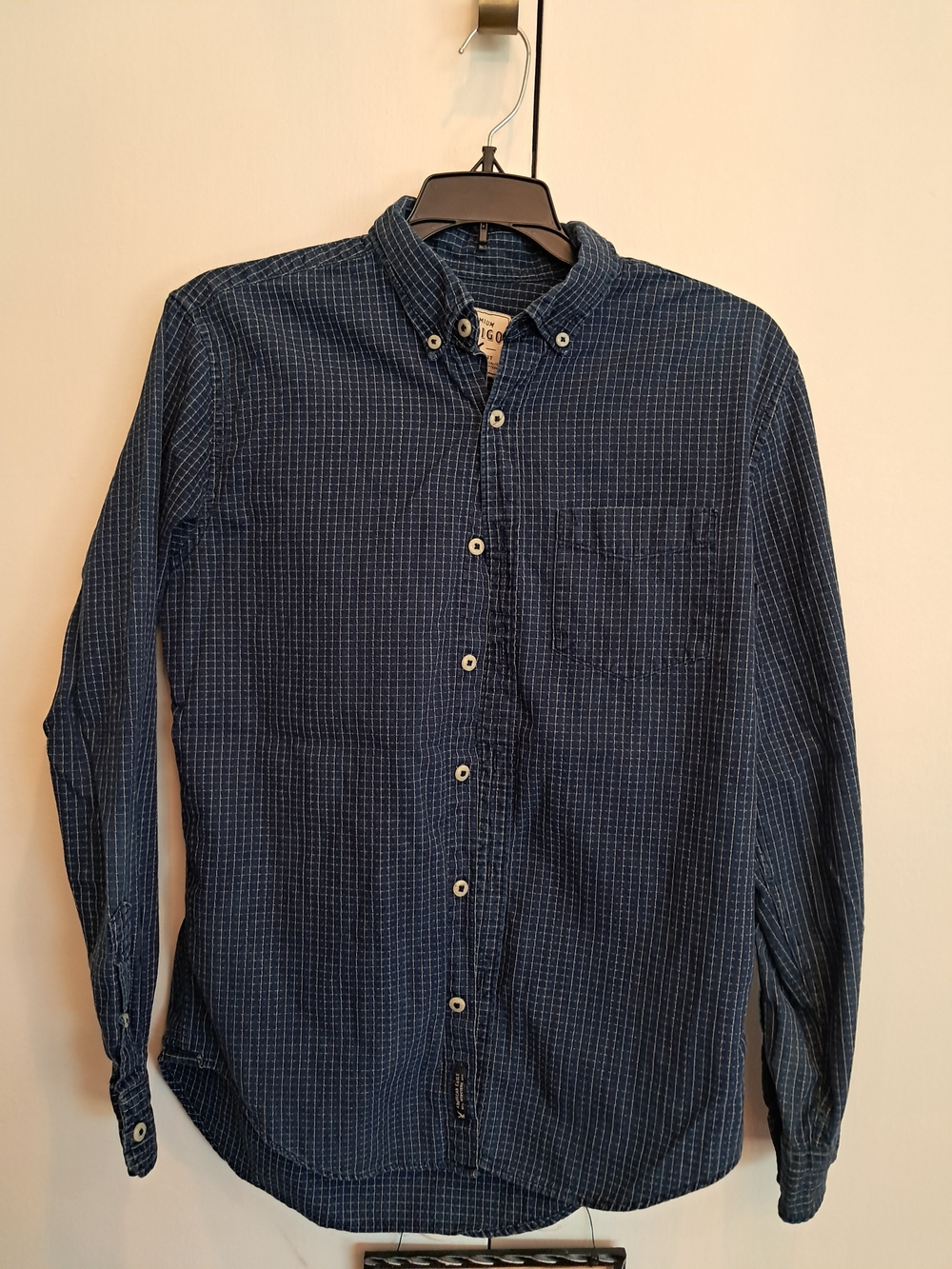 American Eagle Outfitters Navy Grid Button-Down Shirt